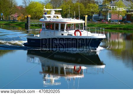 Lingen, Germany April 13 2016 - The German Water Police Patrols The Dortmund-ems Canal. The Wassersc