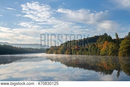 Panoramic Image Of Lake Henne During Autumn, Sauerland, Germany