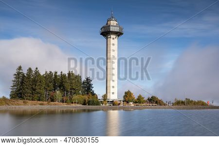 Heather Tower Close To Willingen With Reflection And Cloudy Sky, Sauerland, Germany