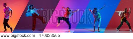 Music In Moves. Young Expressive Contemp Dance Dancers Dancing In Neon Light. Concept Of Dance, Yout