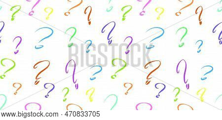 Seamless Pattern Of Colored Question Marks On A White Background. A Sign Expressing Doubt, Mystery, 