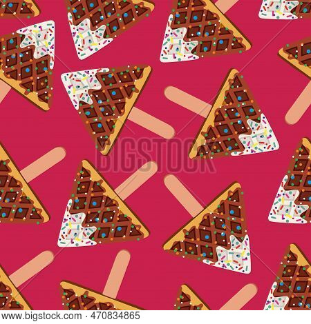Sweet Food Triangle Shape Vector Seamless Pattern Of Golden Brown Homemade Corn Dog Waffle On A Stic