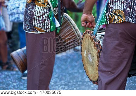 Two Percussionists Playing During The Carnival Of The Grand Boucan.