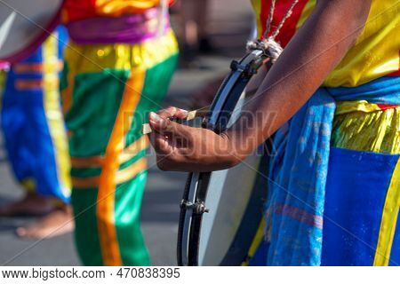Percussionist Playing With A Frame Drum During The Carnival Of The Grand Boucan.