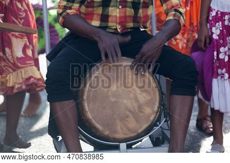 Percussionist Playing With A Roulér (a Drum From Reunion Island) During The Carnival Of The Grand Bo