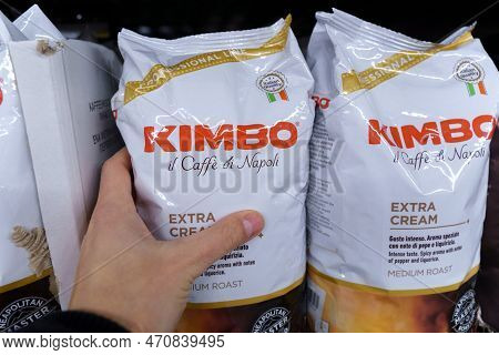 Tyumen, Russia-january 26, 2023: Kimbo Macinato Coffee. Kimbo Is An Italian Manufacturer Of Coffee P