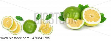 Citrus Sweetie Or Pomelit, Oroblanco With Leaf Isolated On White Background With Copy Space For Your