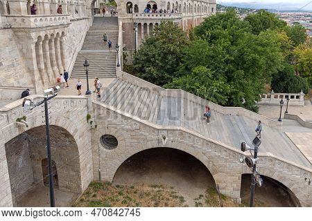 Budapest, Hungary - July 31, 2022: Few Tourists Visiting Fisherman Bastion By Schulek Staircase In F