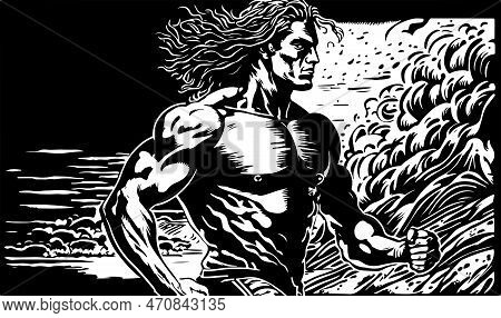Beautiful And Trendy Black And White Linocut Art Or Colouring Page Of A Man At The Beach Made For Pr