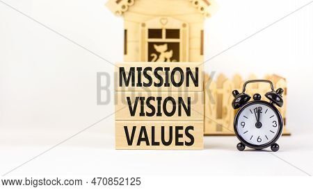 Mission Vision Values Symbol. Concept Words Mission Vision Values On Wooden Blocks On A Beautiful Wh