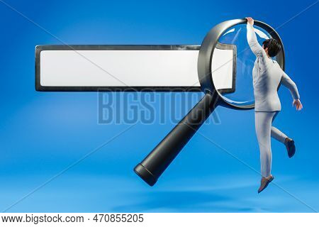 Floating Search Box Businessman Hanging On Large Magnifying Glass Concept For Websearch; Blue Backgr