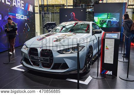 Munich, Germany - October 12th 2022 - The Bmw Welt, Grey Bmw M4 Csl, Headlights, Hood And Grill.