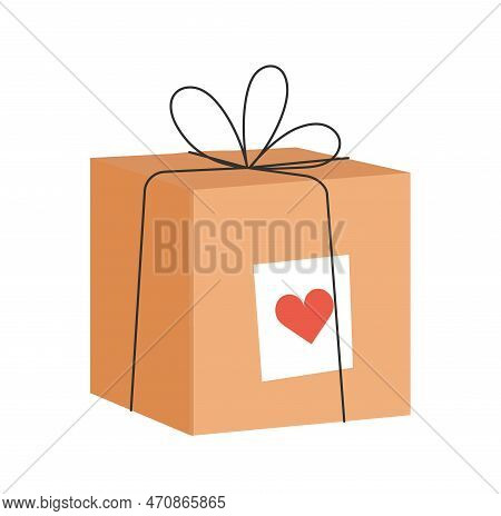 Gift Box Concept. Present Or Surprise In Brown Wrapping Paper With Red Heart. Charitry And Donation.