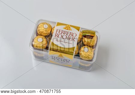 Klang, Malaysia : February 17, 2023- Ferrero Rocher In A Box. Ferrero Rocher Is A Decadent Chocolate