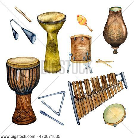Set Of Variouse Percussion Musical Instruments Watercolor Illustration Isolated.