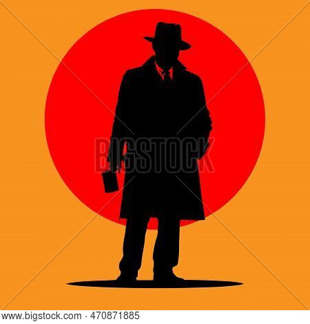 Mafia Silhouette Vector, Detective Silhouette Vector Isolated On Orange And Red Circle Background