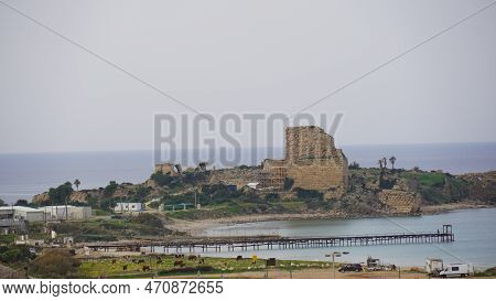 View Of The Atlit Beach And Ruins Of The Chateau Pelerin Fortress, Northern Israel