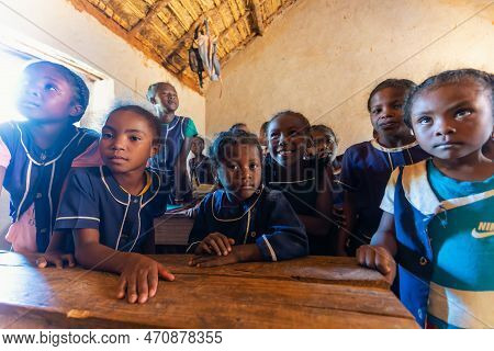 Vohitsaoka, Ambalavao, Madagascar - November 17. 2022: Happy Malagasy School Children Students In Cl