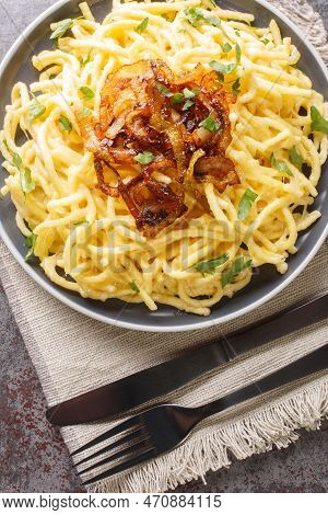 Traditional Kasespatzle Cheese Spatzle Dish Served With Fried Onions Closeup On The Plate On The Tab
