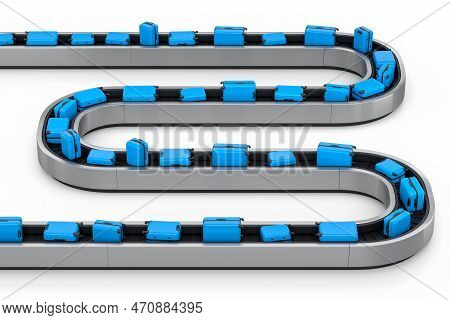 Airport Luggage Conveyor Belt Or Baggage Claim Area With Suitcases On White.