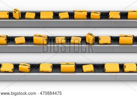 Airport Luggage Conveyor Belt Or Baggage Claim Area With Suitcases On White.