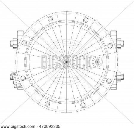 Valve With Automatic Electro-actuated. 3d Illustration. Wire-frame Style. Orthography Or Isometric