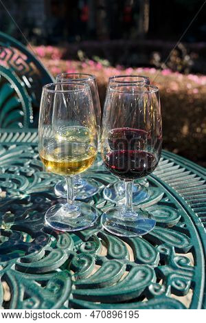 Port Wine Testing, Glasses With Drink, White And Red
