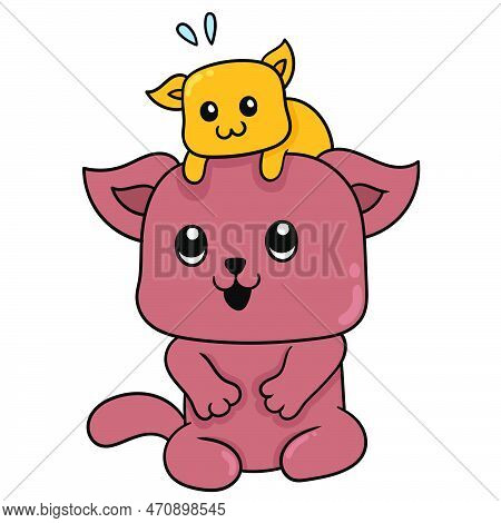 Father And Kitten Are Happy Together, Vector Illustration Art. Doodle Icon Image Kawaii.