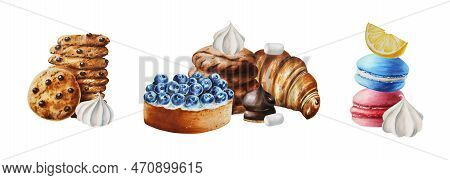 Watercolor Set Of Compositions With Cinnamon Bun, Biscuits, Marshmallows In Chocolate, Meringue, Blu