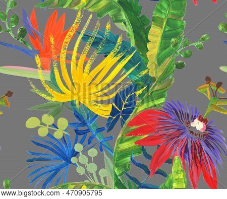 Bright Seamless Pattern With Multicolored Tropical Flowers And Leaves Painted In Drybrush Gouache Fo