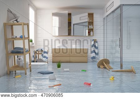 3d Render Of A Flooding Scandinavian, Nordic Bathroom.