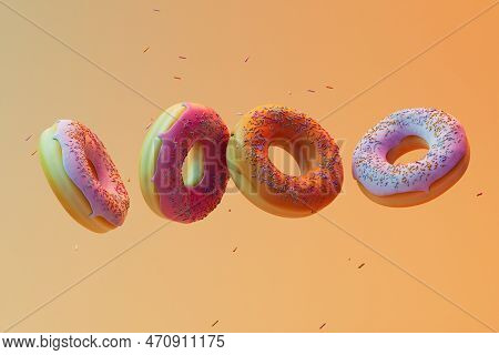Love Of Sweets. Donuts Flying Across The Pastel Background. 3d Render.