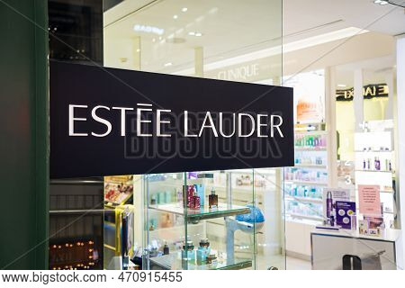 Estee Lauder Store Sign Close-up. Estee Lauder Is A Luxury Cosmetics Brand. Budapest, Hungary - Febr