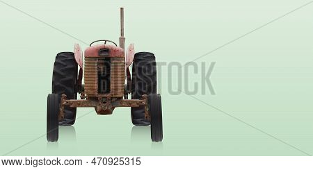 Front View Old Red And Brown Tractor On Green Background, Object, Construction, Work, Vintage, Ancie