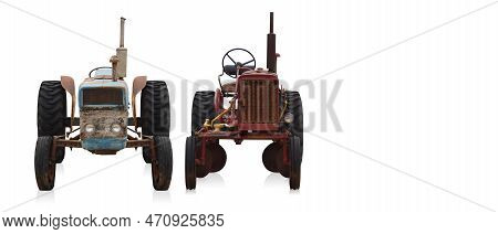 Old Blue And Red Tractors On White Background, Object, Construction, Work, Vintage, Ancient, Copy Sp