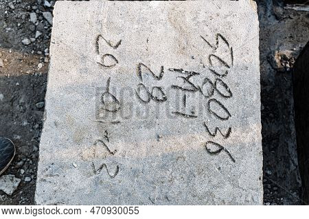 Four Square Cinder Blocks In A Row. Rock Bolder. Concrete Cube Over Block Background.