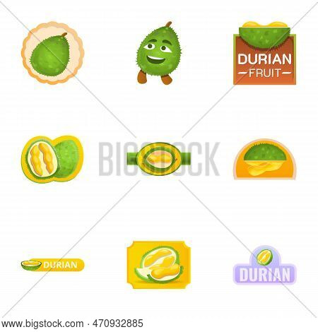 Summer Durian Logo Set. Cartoon Set Of 9 Summer Durian Logo For Web Design Isolated On White Backgro