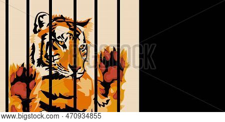Vector Illustration In Realistic Stylized Style Of A Wild Tiger In A Cage Isolated On A White Backgr
