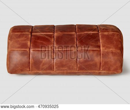 Artisanal Reddish-brown Natural Leather Footstool Of Half-cylindrical Shape