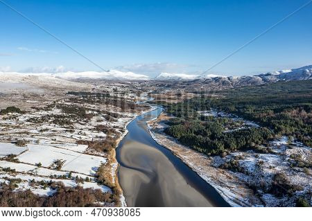 Aerial View Of Snow Covered Gweebarra River Between Doochary And Lettermacaward In Donegal - Ireland