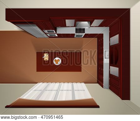 Modern Luxury Kitchen With Dark Wood Corner Cabinets And Dinner Table Top View Realistic Image Vecto