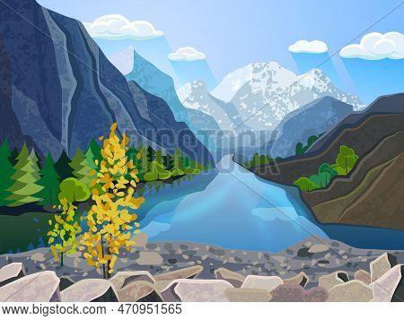 Quality Landscape Wallpaper Summer Mountain Range With River And Golden Tree  Picturesque Poster Pri