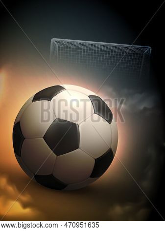 Beautiful Goal Moment With  Glowing In The Darkness Soccer Ball Against Metallic Gates Background Ab