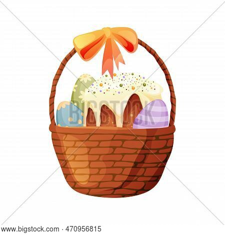 Wicker Basket With Paskha Or Easter Cake And Eggs. Isolated Vector Icon Or Clipart, Front View. Glaz