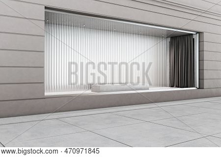 Front View On Empty Shop Window With Slatted Wall Background And Blank Stand Behind Glass Wall With 