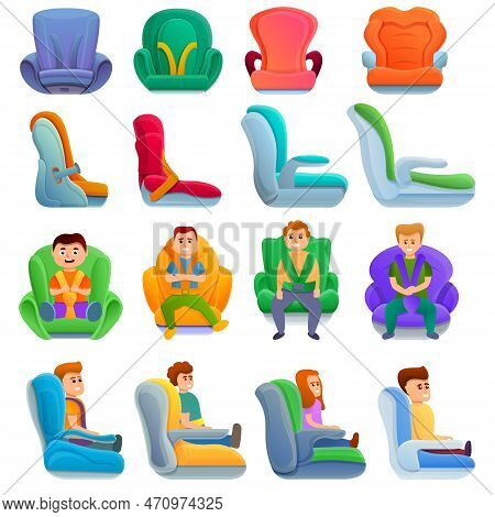 Baby Car Seat Icons Set. Cartoon Set Of Baby Car Seat Icons For Web Design