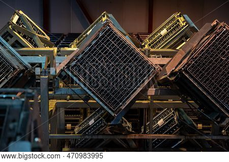 Production Of Cremant Sparkling Wine In Burgundy, France. Automatically Powered Riddling Remuage Box