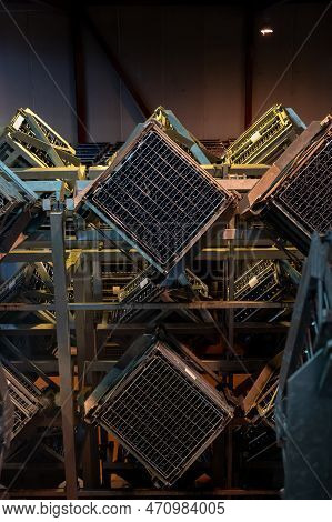 Production Of Cremant Sparkling Wine In Burgundy, France. Automatically Powered Riddling Remuage Box