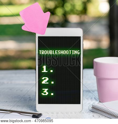 Conceptual Caption Troubleshooting. Word Written On An Act Of Investigating Or Dealing With In The P