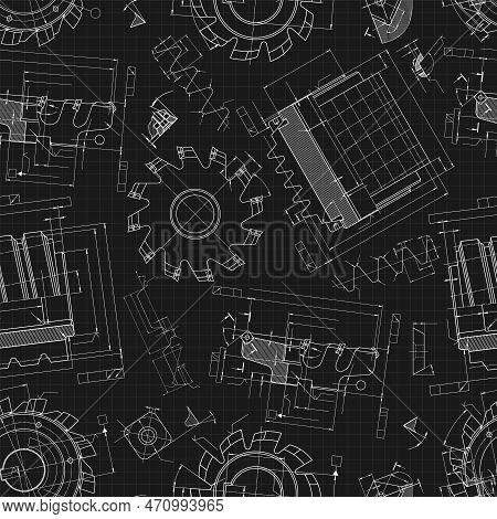 Mechanical Engineering Drawings On Black Background. Cutting Tools, Milling Cutter. Technical Design